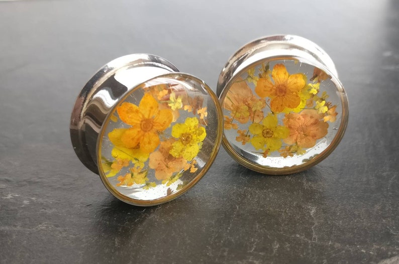 Plugs Real Flower Natural Cute Pretty Orange Yellow Flowers Handmade Unique Custom Floral Gauge Unusual Ear Tunnels image 7