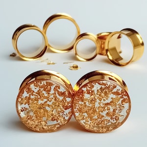 Gold Gauges, Plugs with Metallic Flakes, Golden Reflective Ear Tunnels 8mm 10mm 12mm 14mm 16mm 19mm 22mm 25mm (0g gauge - 1") READY MADE image 9