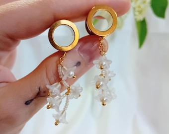 Gold Dangle Tunnels, Sizes 6mm 2ga + up,  Handcrafted Gauges with Floral Cascade ~ Formal, Wedding & Special Occasion Ear Stretchers