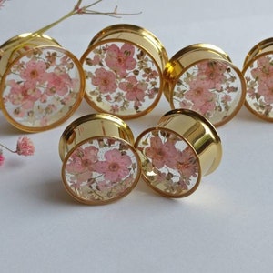 Real Pink Flower Ear Stretcher Plugs Gold Flesh Tunnel Spacers Floral Gauges Botanical Ear Plugs Gift MADE TO ORDER