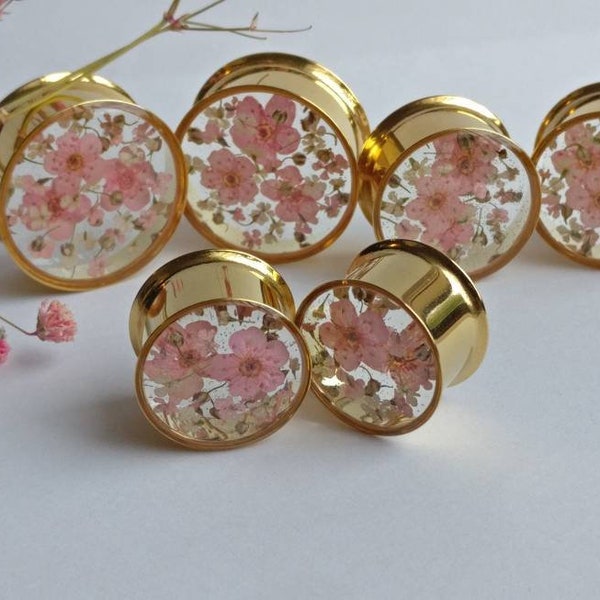 Real Flower Ear Stretcher Plugs Gold Flesh Tunnel Floral Gauges Botanical Ear Plugs Regalo HECHO A PEDIDO