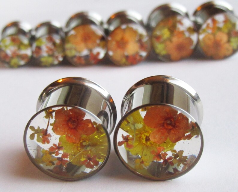 Ear Plugs Real Flower Orange Yellow Floral READY TO SHIP Handmade Unique Custom Floral Gauges Unusual Ear Tunnels