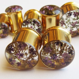 Plugs, Gold Tunnels, Real Purple Flower & Sea Moss, Natural Handmade Unique Floral Plug Gauge Unusual Ear Tunnels image 4