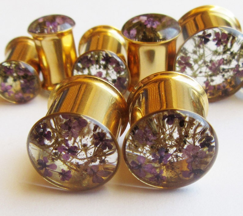 Plugs, Gold Tunnels, Real Purple Flower & Sea Moss, Natural Handmade Unique Floral Plug Gauge Unusual Ear Tunnels image 4