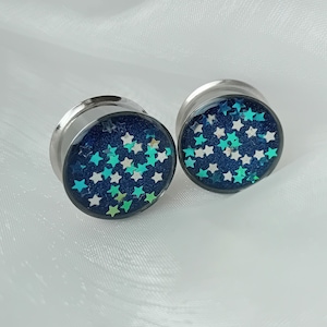 Dark Blue Glitter Plugs, Holographic Star Gauges, Handmade Unique Custom Unusual Ear Tunnels