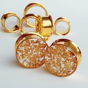 Gold Gauges, Plugs with Metallic Flakes, Golden Reflective Ear Tunnels 8mm 10mm 12mm 14mm 16mm 19mm 22mm 25mm (0g gauge - 1") READY MADE image 2