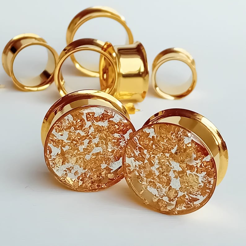 Gold Gauges, Plugs with Metallic Flakes, Golden Reflective Ear Tunnels 8mm 10mm 12mm 14mm 16mm 19mm 22mm 25mm (0g gauge - 1") READY MADE image 2