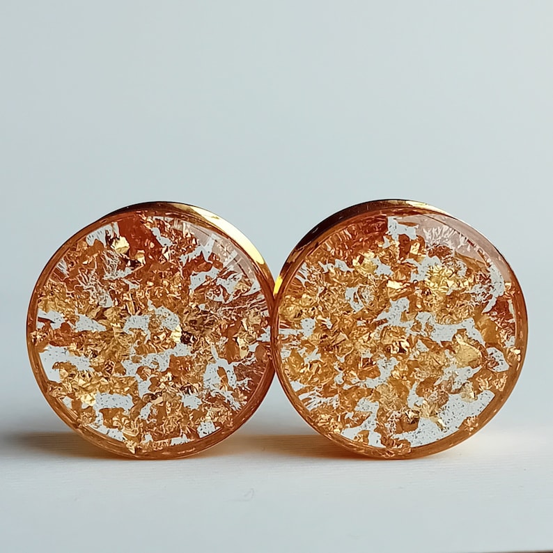 Gold Gauges, Plugs with Metallic Flakes, Golden Reflective Ear Tunnels 8mm 10mm 12mm 14mm 16mm 19mm 22mm 25mm (0g gauge - 1") READY MADE image 6