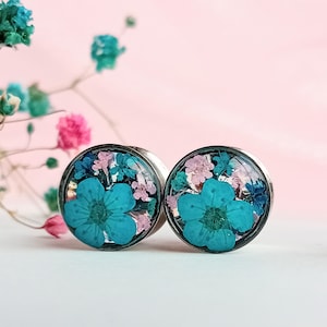 Plugs Ear Tunnel Real Flowers 10mm 00g + Teal & Pink, Natural Cute Unique Custom Alternative Floral Gauges Unusual Gift HANDCRAFTED TO ORDER