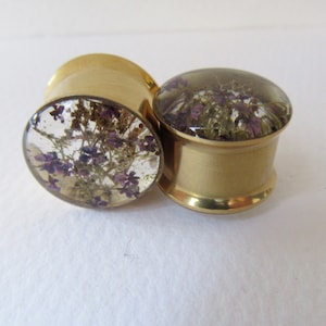 Plugs, Gold Tunnels, Real Purple Flower & Sea Moss, Natural Handmade Unique Floral Plug Gauge Unusual Ear Tunnels image 3