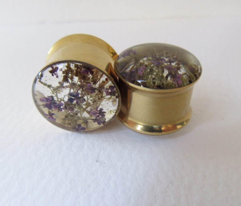 Plugs, Gold Tunnels, Real Purple Flower & Sea Moss, Natural Handmade Unique Floral Plug Gauge Unusual Ear Tunnels image 3