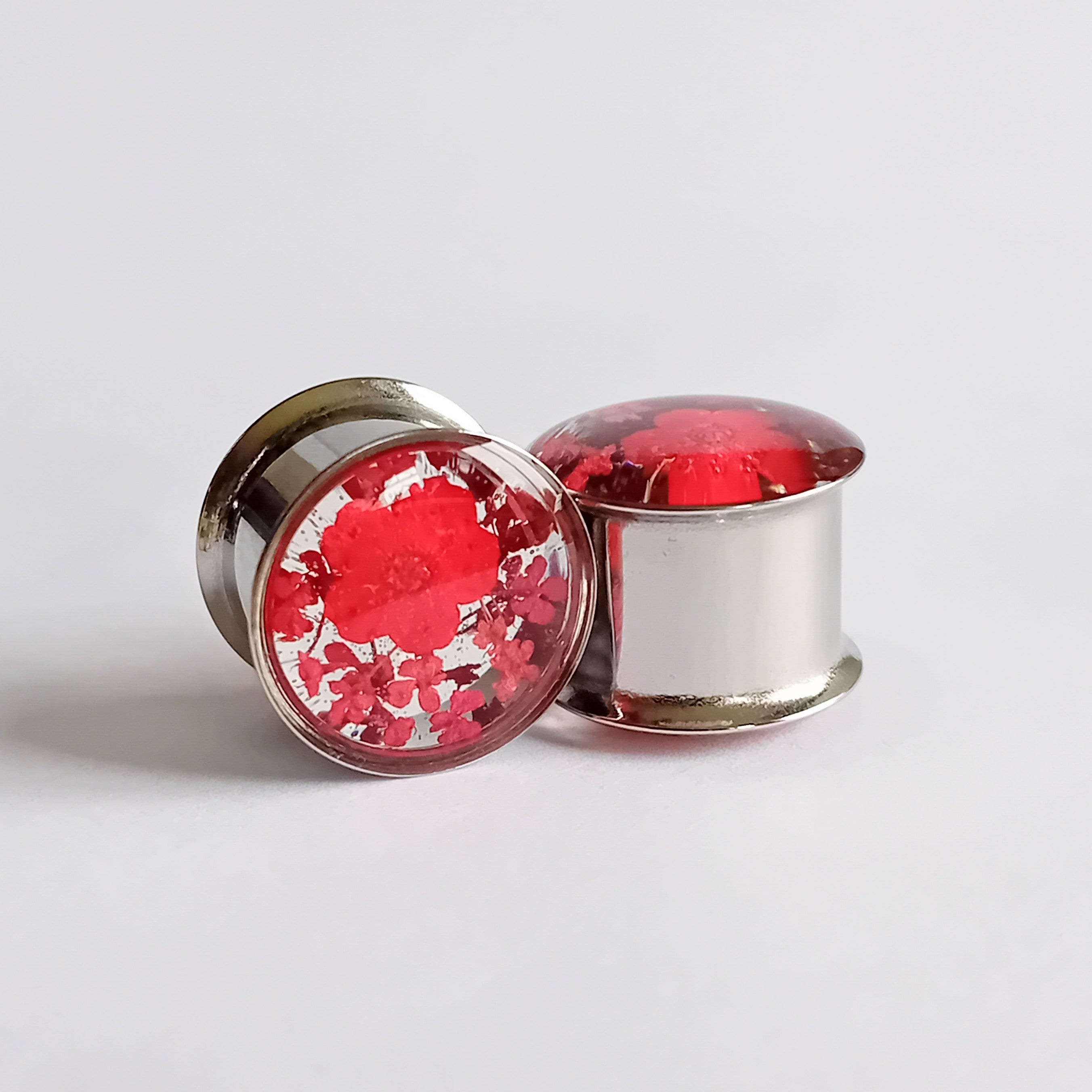 Real Flower Plugs Red Gauges Ear Tunnels Stretchers Natural Floral Unique Custom Alternative Unusual