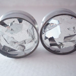 Plugs Gauges Broken Mirror Glass Silver Foil Metal Alternative Unusual Custom Unique Handmade Ear Tunnels image 1