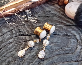 Dangle Gold Ear Gauges Crystal Pearl Drop Plugs Elegant 10mm