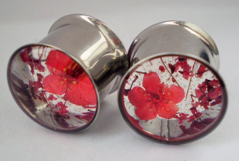 Real Flower Plugs Girly Gauges Ear Tunnels Natural Spring Summer Wedding Feminine Red Floral Unique Custom Alternative Unusual