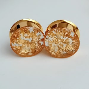 Gold Gauges, Plugs with Metallic Flakes, Golden Reflective Ear Tunnels 8mm 10mm 12mm 14mm 16mm 19mm 22mm 25mm (0g gauge - 1") READY MADE image 8