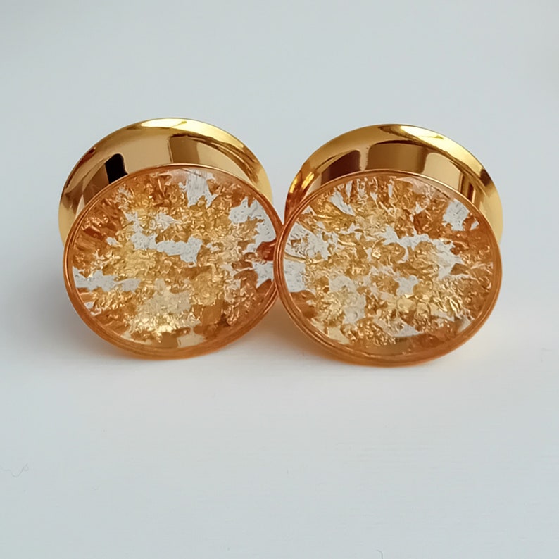 Gold Gauges, Plugs with Metallic Flakes, Golden Reflective Ear Tunnels 8mm 10mm 12mm 14mm 16mm 19mm 22mm 25mm (0g gauge - 1") READY MADE image 8