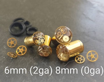 Gold Steampunk Ear Plugs 2g, 1g, 0g / 6mm, 7mm, 8mm, 9mm. Single Flare Ear Tunnels with Real Cogs & Watch Parts. Handcrafted + READY to SHIP
