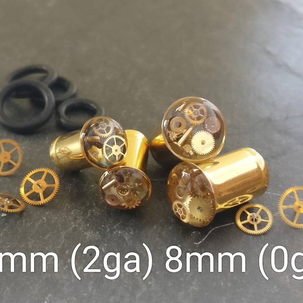 Gold Steampunk Ear Plugs 2g, 1g, 0g / 6mm, 7mm, 8mm, 9mm. Single Flare Ear Tunnels with Real Cogs & Watch Parts. Handcrafted + READY to SHIP