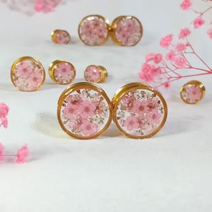 May include: Gold-coloured ear plugs and gauges featuring a clear resin centre filled with delicate pink flowers. Various sizes are displayed, showcasing the floral design. The jewellery is set against a soft, white background.