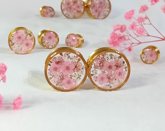 Real Pink Flower Ear Stretcher Plugs Gold Flesh Tunnel Spacers Floral Botanical Gauges
