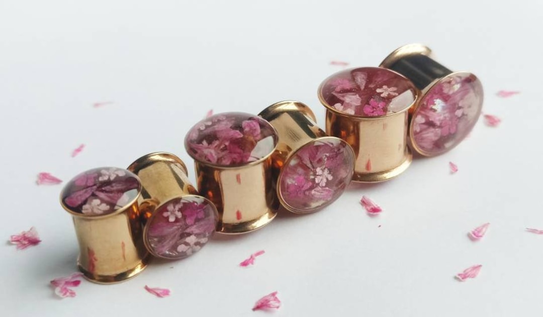 Rose Gold Ear Plugs, Floral Gauges With Real Flowers Petals, Pink