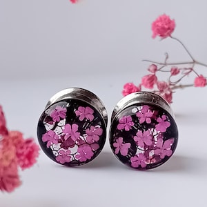 Floral Ear Tunnels, Pink Flower Stretchers, Cerise Gauges Plugs, Feminine Black Lace Surgical Steel Ear Tunnels,  HANDCRAFTED TO ORDER