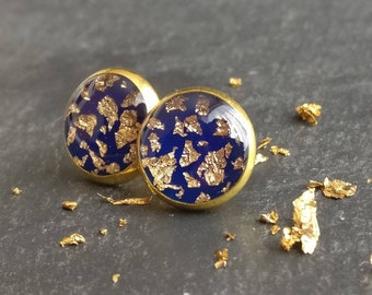 Dark blue & gold post earrings for pierced ears. Gold flecks earrings. Lapis Lazuli inspired real gold leaf studs. Handcrafted ready to ship