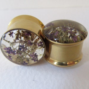 Plugs, Gold Tunnels, Real Purple Flower & Sea Moss, Natural Handmade Unique Floral Plug Gauge Unusual Ear Tunnels image 1