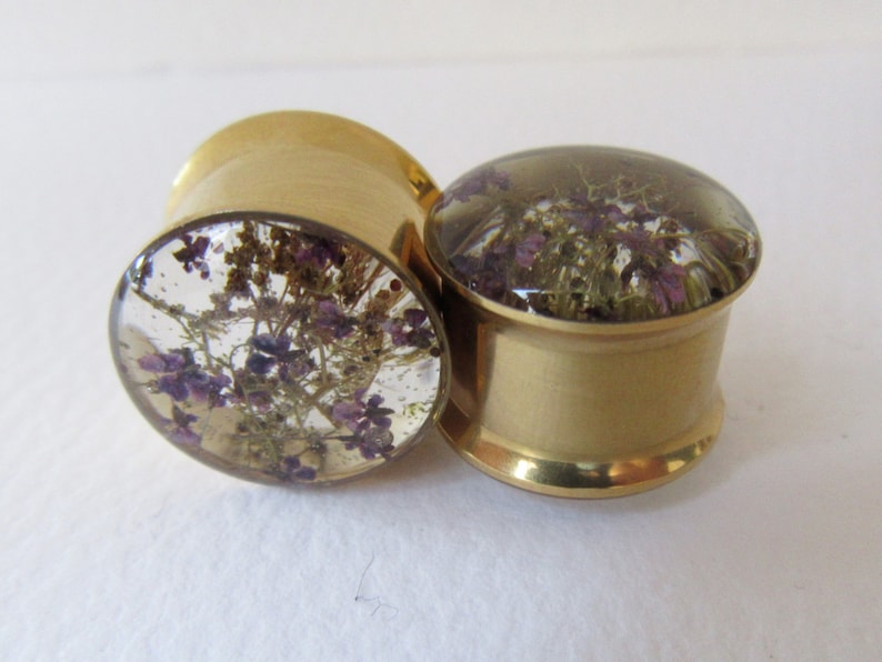 Plugs, Gold Tunnels, Real Purple Flower & Sea Moss, Natural Handmade Unique Floral Plug Gauge Unusual Ear Tunnels image 1