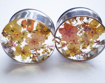 Plugs Real Flower Natural Cute Pretty Orange Yellow Flowers Handmade Unique Custom  Floral Gauge Unusual Ear Tunnels