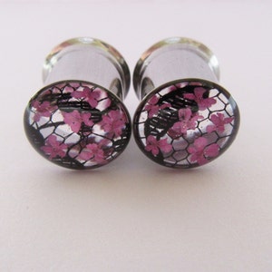 Ear Plugs Tunnel Real Flower 8mm 0g + Cerise Pink Floral Unique Alternative Lace Floral 10mm 00g Gauge Unusual Stretchers. HANDMADE TO ORDER