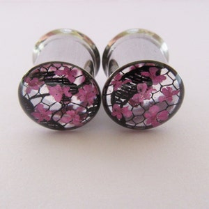 Ear Plugs Tunnel Real Flower 10mm 00g Pink Floral Unique Alternative Lace Floral Gauge Unusual Ear Tunnels