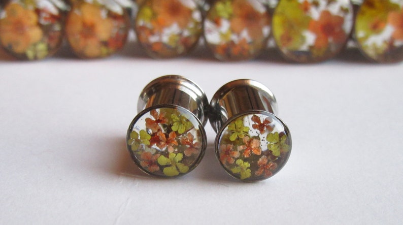 Ear Plugs Real Flower Orange Yellow Floral READY TO SHIP Handmade Unique Custom Floral Gauges Unusual Ear Tunnels