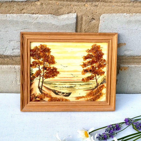 Picture with amber from Ukraine, vintage painting 90s, amber painting Picture from stone, USSR autumn home decor, gift Ukrainian shop