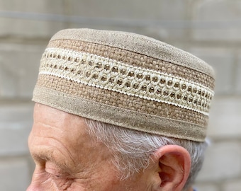 Kufi 100% lino y cáñamo Hombre, kipá de verano suave para niño - Gorra de sombrero musulmán grande - gorra étnica beige africana - tubeteika topi