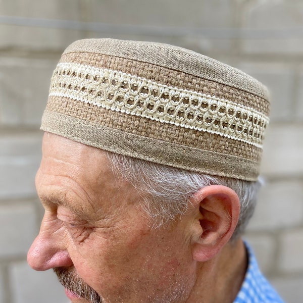 Kufi 100% linen & hemp Man, boy soft summer kippah - Big muslim Hat Cap - african beige ethnic hat skullcap - tubeteika topi
