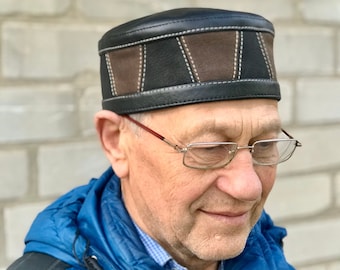 Kufi big size leather Нandmade - kippah muslim black and brown - uzbek men's hat tubeteika skufia Ukrainian store