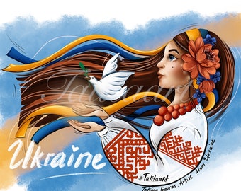 Ukraine digital art - Stand with Ukraine svg Ukrainian girl dove peace illustration Talita art Ukrainian gifts  poster