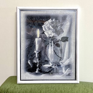 Finished Embroidered Picture, Rose and Candle Cross-Stitch, Black White Framed Artwork, Ukrainian Embroidery Gift