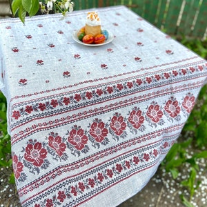 Ukrainian linen gray tablecloth with Ukrainian embroidered folk ornament - Summer Slavic folk table decor - Ukraine store Ukrainian seller