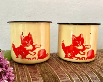 Soviet vintage enamel small yellow with cat mug, Ukrainian ussr mug, enamelware camp mugs, campfire cup, metal travel mug