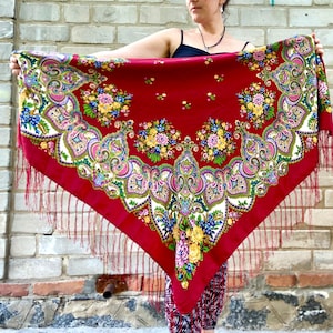 Pavlovo Posad  big traditional floral red floral folk Scarf, Ukrainian woman Shawl, russian piano shawl, Gift for Her