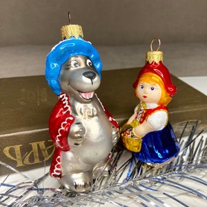 Little Red Riding Hood and Wolf Ukrainian Christmas ornament, hand-painted glass russian Xmas ornaments, fairy tale character girl