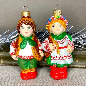 Cossack and Ukrainian woman glass Christmas ornament, Kozak Slavic Hand-painted figure, Made in Ukraine