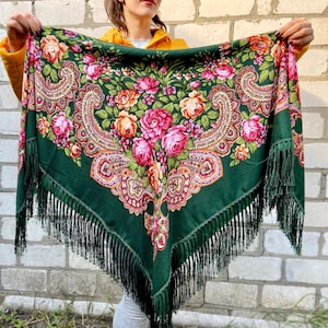 Pavlovo Posad  floral green Scarf - Russian Wool  female Shawl - Gift for Her