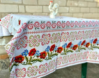 Ukrainian linen gray tablecloth, Ukrainian embroidered folk poppies ornament, Slavic folk table decor, Ukrainian seller, made in Ukraine