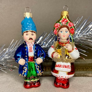 Cossack and Ukrainian woman glass Christmas ornament, Kozak Hand-painted figure, Made in Ukraine