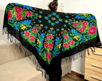 Large Ukrainian Vintage black piano wool shawl, Floral woman polish Tassel scarf, Russian pavloposadsky shawl, Ukraine mother gift