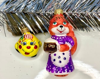 Kolobok and Fox Ukrainian Christmas ornaments, russian glass hand-painted ornaments, collectible New Year's decor, Slavic tales character